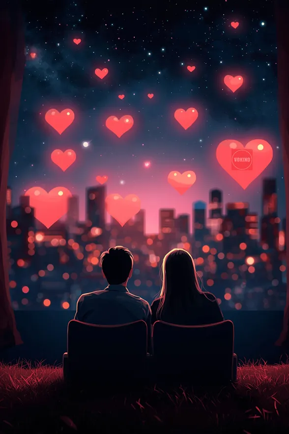 Силуэты пары перед экраном — символ кино и чувств